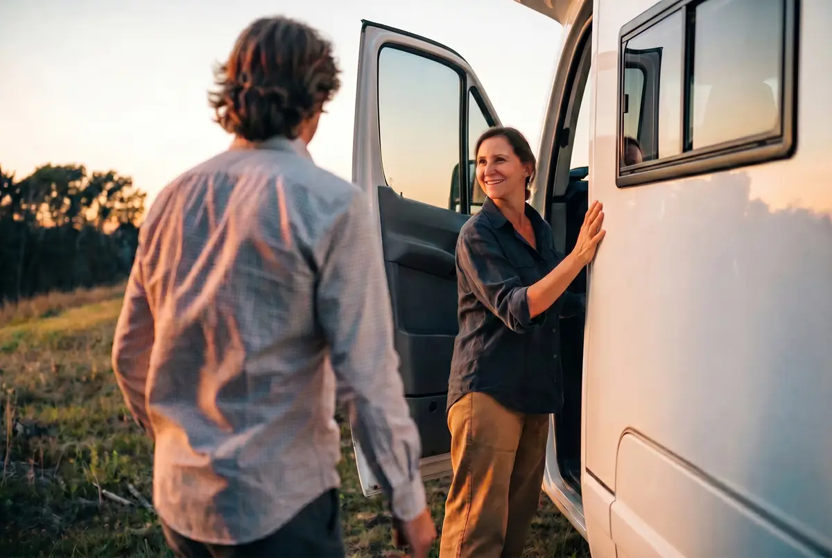 Coppia pronta a partire raggiunge il proprio camper all'alba